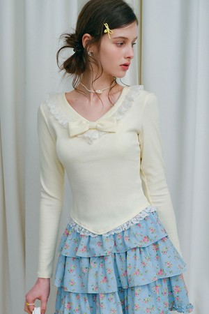 Ribbon lace slim long sleeve top