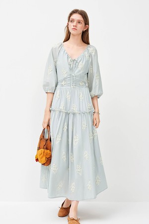 Puff sleeve shirring long dress_2color