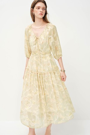 Puff sleeve shirring long dress_2color