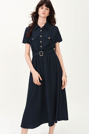 Button-up belted flare dress_2color