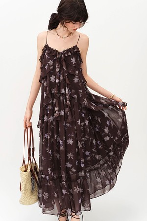 Layered ruffle floral chiffon dress_BROWN