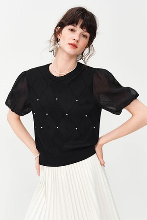Beaded sheer puff sleeve knit top_2color