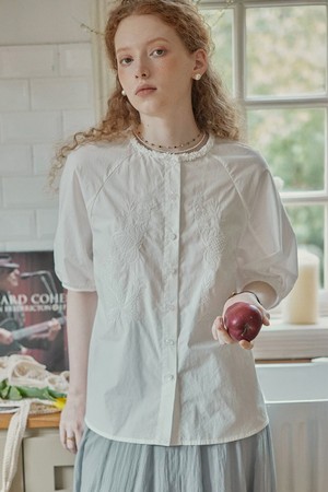 Embroidered white puff sleeve blouse