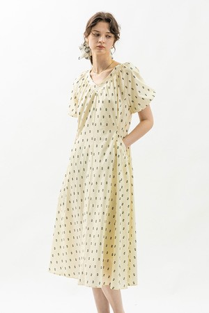 Natural leaf shirring dress_IVORY