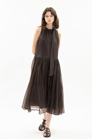 Tie neck sheer sleeveless dress_DARK BROWN