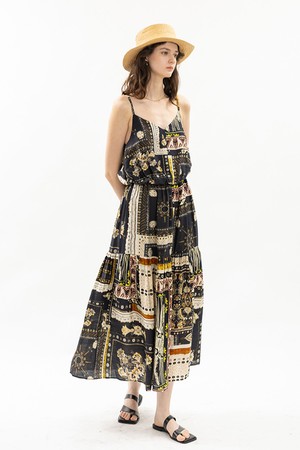 Ethnic patchwork slip dress_BLACK