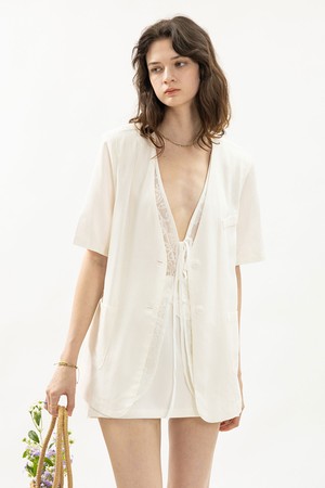 Linen blend lace jacket and skirt set_3color