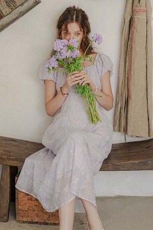 Floral jacquard puff sleeve dress_LIGHT PURPLE