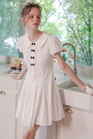 Puff sleeve ribbon mini dress_WHITE