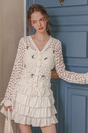 Ribbon crochet knit cardigan_WHITE