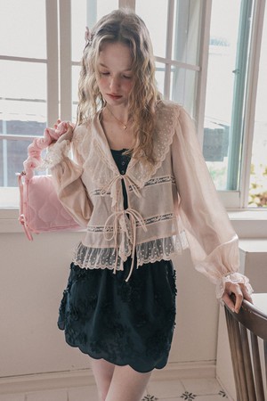 Lace ruffle ribbon blouse cardigan_PINK
