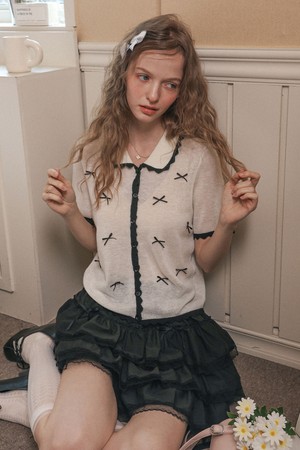 Ribbon collar short cardigan_IVORY