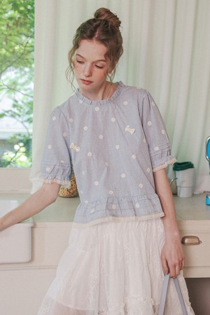Daisy check frill lace blouse_SKY BLUE