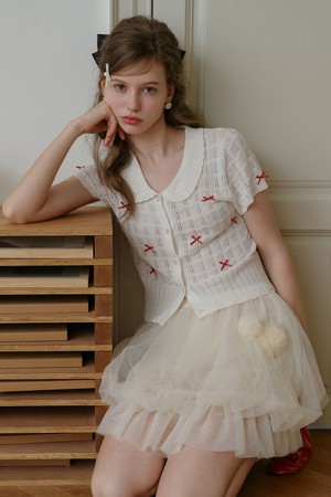 Bow pointelle short sleeve cardigan