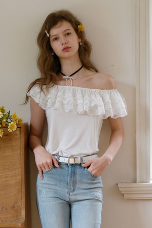 Lace ruffle off-shoulder blouse