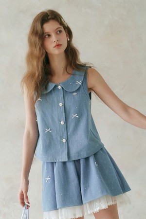 Bow denim sleeveless blouse