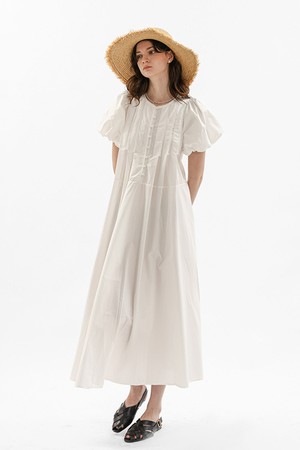 Volume puff lace trim dress_WHITE
