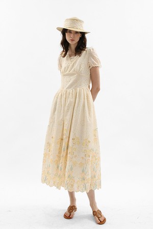 Puff sleeve floral prairie dress_IVORY