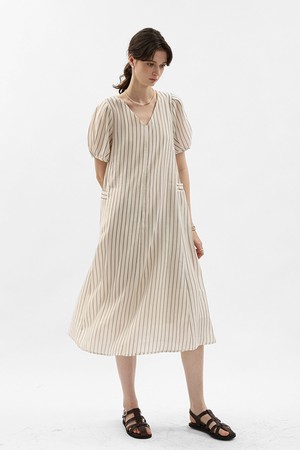Stripe puff sleeve midi dress_WHITE