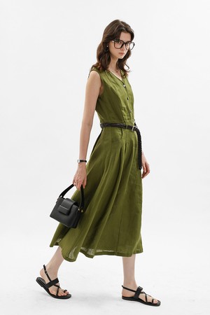 Belted linen sleeveless dress_DARK GREEN