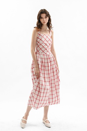 Gathered waist check dress_RED