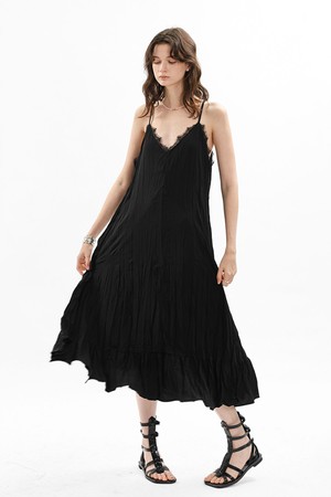 Lace slip flare maxi dress_BLACK