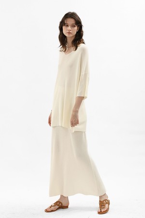 Deep v-neck knit top and skirt set_2color