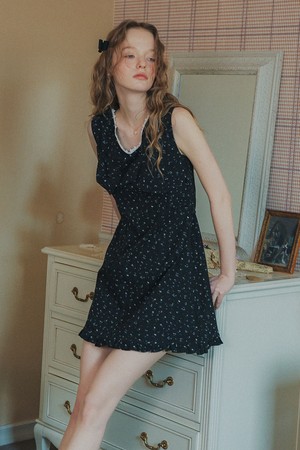 Ribbon detail lace sleeveless dress_BLACK