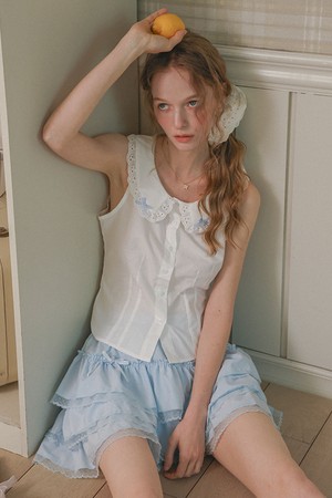 Blue ribbon collar sleeveless blouse_WHITE