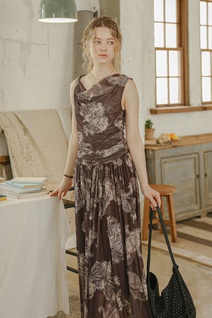 Drape neck floral dress_BROWN