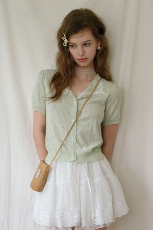 Lace pointelle short sleeve cardigan