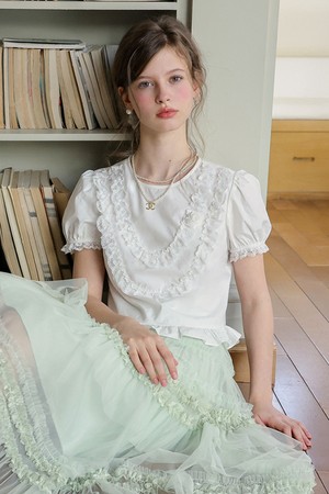 Lace ruffle puff sleeve blouse