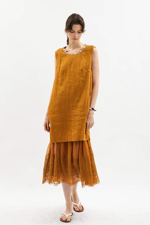 Lace layered linen dress_BROWN