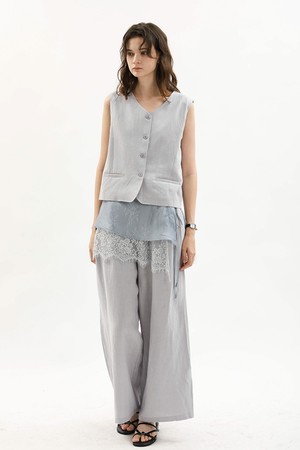 Sleeveless vest and lace overlay pants set_BLUE