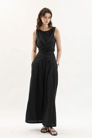 Asymmetric drape vest and pants set_BLACK