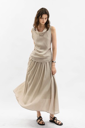 Drape neck vest and midi skirt set_GRAY