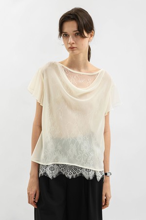 Lace trim chiffon blouse_IVORY