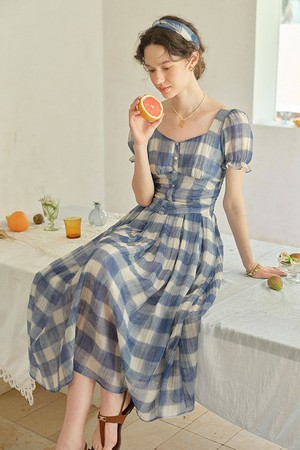 Blue checkered cinching dress