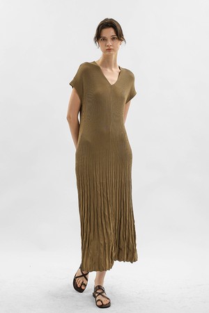 Rib knit v-neck midi dress_KHAKI