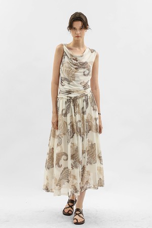Paisley print gathered dress_BEIGE
