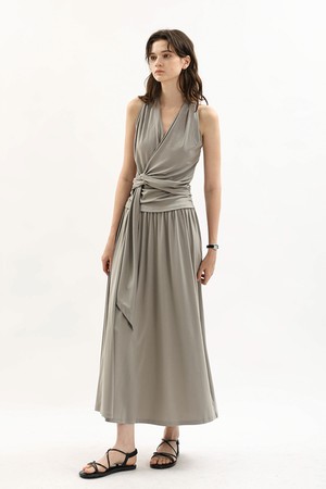 Tie waist halter top and skirt set_GRAY