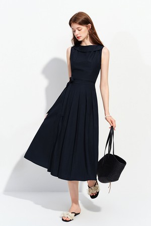 Sleeveless fit pleated dress_NAVY