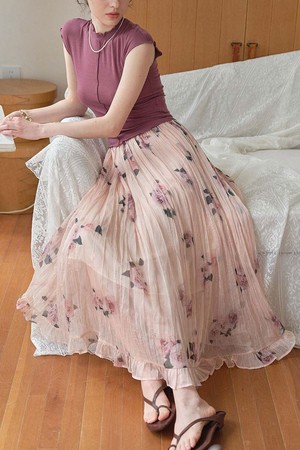 Print pleated pink floral skirt