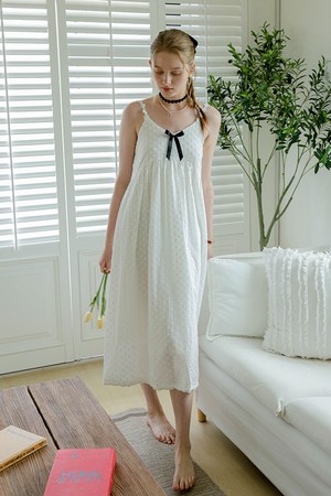 Floral embroidery ribbon dress_WHITE