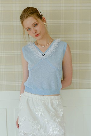 Lace trim v-neck knit vest_BLUE