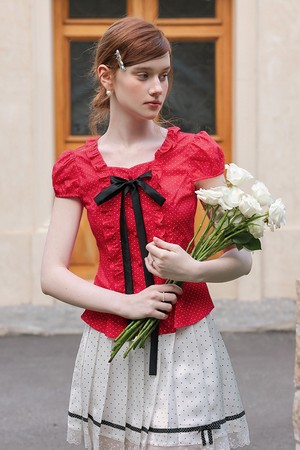Red polka dot ruffle blouse