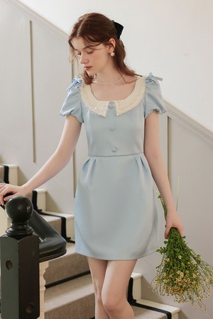 Beaded lace collar satin dress