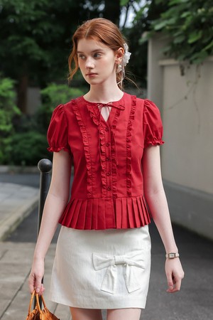 Red pleated ruffle blouse