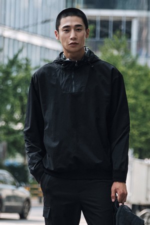 나일론 믹스드 후디 티셔츠_블랙 (오버핏)_SWSWA01OSB