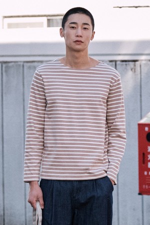 [DIEMS by STCO]보트넥 스트라이프 긴팔 티셔츠_베이지 (세미오버핏)_LTSWA62NTD